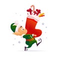 Vector cartoon illustration with funny santa elf character carry big stocking with presents and gift boxes isolated. Royalty Free Stock Photo